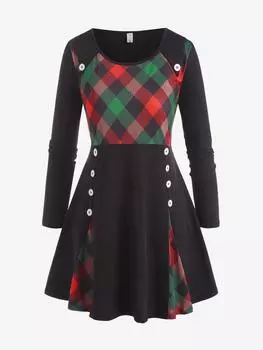 Rosegal Плюс размер Туника с длинными рукавами и пуговицами в клетку L чёрный