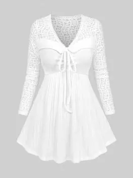 Rosegal Плюс Размер Виноградная Кружевная Вставка Текстурированная Рубчатая Завязка Пэчворк Вязаный Топ с Длинными Рукавами 4XL белый