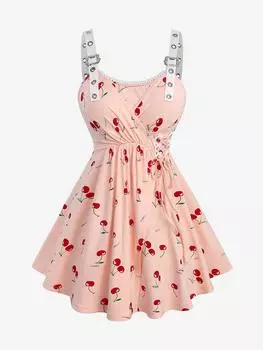 Rosegal Плюс Размер Вишневый Принт Шнуровка Люверсы Пряжка Сюрплик Кружевная Отделка Майка L светло-оранжевый