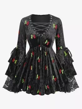 Rosegal Плюс Размер Вишневый Вышитый Люверсы Зашнуровать Цветочный Кружева Завязка Расклешенный Рукав Топ L чёрный