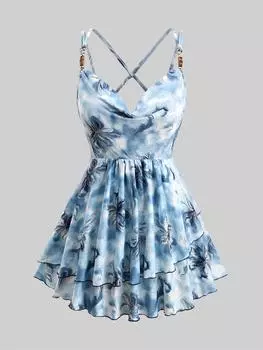 Rosegal Плюс Размер Воротник-хомут Позолоченный Омбре Цветочный Принт Ажурный Ажурный Вырез Многослойные Оборки Крест-Накрест С Открытой Спиной Топ на бретелях L светло-синий