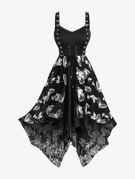 Rosegal Плюс Размер Вышитые Бабочки Кружевная Отделка Шнуровка Люверсы Пряжка Асимметричное Платье-Майка 2XL чёрный