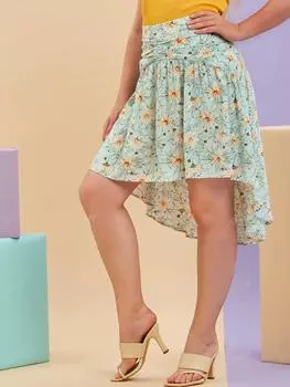 Rosegal Plus Размер Высокая низкая юбка со складками и цветочным принтом 4XL светло-зеленый
