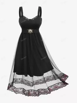 Rosegal плюс размер винтажное кружевное сетчатое платье трапециевидной формы с открытой спиной и пряжкой, многослойное платье-майка 2XL чёрный