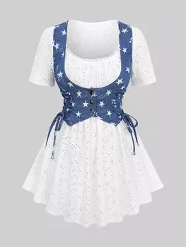 Rosegal Плюс размер Звездный принт Пуговицы на шнуровке Кружевная отделка Полый топ 2 в 1 3XL белый