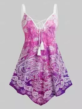 Rosegal Plus Size Асимметричная майка с кисточками и этническим цветочным принтом Galaxy Curve L фиолетовый