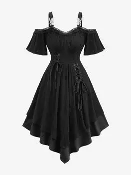 Rosegal Plus Size Ажурное Жаккардовое Платье С Баской Подол Многослойное Однотонное Повседневное Платье Открытые Плечи 2XL чёрный
