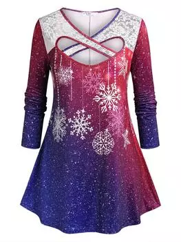 Rosegal Plus Size Christmas Snowflake Cross Lace Panel Ombre Tee L красный