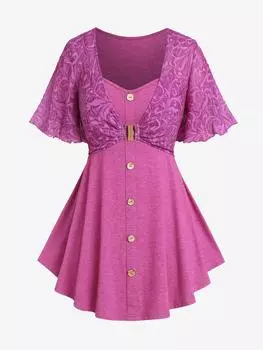 Rosegal Plus Size Crinkly Panel Buttons 2 In 1 Top 2XL глубокий/красный