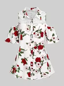 Rosegal Plus Size & Curve Цветочная кружевная вставка Прозрачная блузка с открытыми плечами L белый