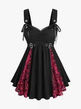Rosegal Plus Size Цветочная сетчатая флокированная лоскутная текстурированная майка с рюшами и пряжкой-люверсом 4XL чёрный