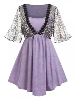 Rosegal Plus Size Цветочная вышитая сетчатая футболка M фиолетовый