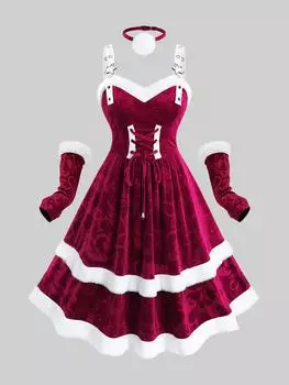 Rosegal Plus Size Цветочный бархатный тисненый контрастный меховой отделкой шнуровка на Рождество многослойное платье А-силуэта с рукавами и воротником 3XL красный