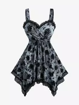 Rosegal Plus Size Цветочный флокированный тай-дай кружевной отделкой Перекрещивающийся платок майка L чёрный