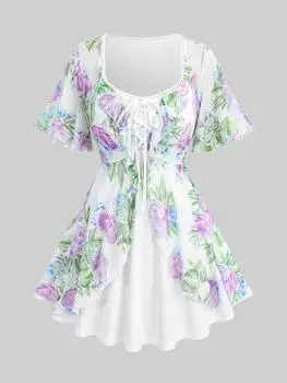 Rosegal Plus Size Цветочный Лист Принт Сетчатый Оборки Шнуровка Многослойный Топ L белый