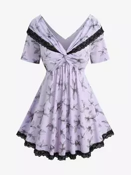 Rosegal Plus Size Цветочный принт Твист Трансформируемый воротник Топ с кружевной отделкой M фиолетовый
