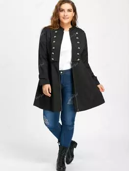 Rosegal Plus Size Двубортное расклешенное пальто с эполетами M чёрный