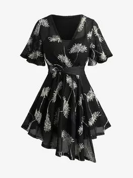 Rosegal Plus Size Feather Jacquard Embroidery Pointelle Hollow Out Asymmetric Belted 2 in 1 Top L чёрный