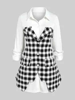 Rosegal Plus Size Flap Pocket Plaid Long Sleeves 2 in 1 Shirt L белый