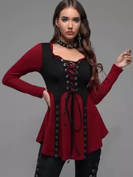 Rosegal Plus Size Футболка с длинными рукавами и оборками на шнуровке и люверсами в цветных блоках 4XL глубокий/красный