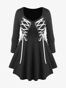 Rosegal Plus Size Футболка с контрастными люверсами и шнуровкой XL чёрный