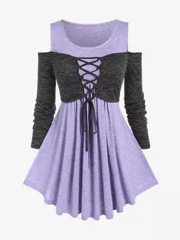 Rosegal Plus Size Lace-up Open Shoulder Dye Long Sleeves Tee L светло-фиолетовый