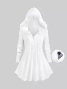 Rosegal Plus Size Однотонный ребристый фактурный топ с капюшоном и флисовой отделкой L белый