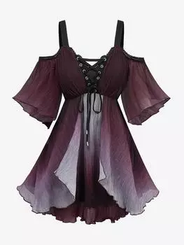 Rosegal Plus Size Ombre Lace-Up Grommets Ruffles Lace Trim Cold Shoulder Blouse L фиолетовый