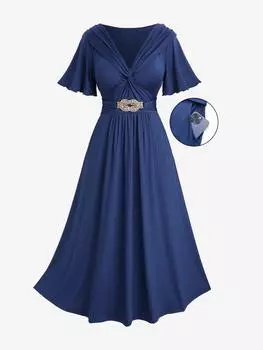 Rosegal Plus Size Платье с перекрещивающимися вставками, рюшами, пряжками на талии и карманами 2XL синий/глубокий