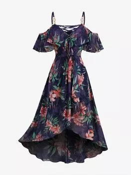 Rosegal Plus Size Принт в виде цветка гибискуса Кружевная отделка Сетка Плетеные оборки Тюльпановый подол Открытые плечи Асимметричное платье 2XL синий/глубокий
