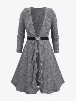 Rosegal Plus Size Ruffles Ruched Marled Ted Knitted Long Sleeves Cardigan L серый