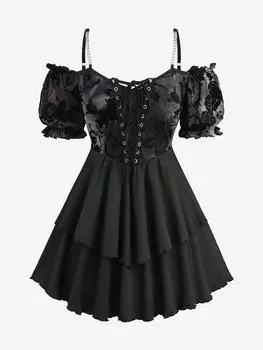 Rosegal Plus Size рукава-фонарики Цветочная сетка Флокированная Tie Dye шнуровка оборки Многослойный топ-комбинация с цепочками L чёрный