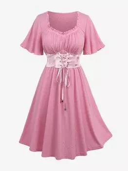 Rosegal Plus Size с рукавами-крылышками, оборками, омбре, цветочным принтом, шнуровкой, однотонным корсетом, А-силуэта 2XL светло-розовый