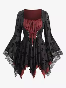 Rosegal Plus Size Skull Flocking Mesh Ruched Flower Lace Ruffles Lace Up Flare Sleeve Aymmetrical Top L чёрный