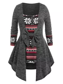 Rosegal Plus Size Снежинка Принт Бантик Асимметричная Футболка Faux Twinset L темно-серого