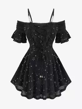 Rosegal Plus Size Star Stamping Lace-up Кружевная отделка Открытые плечи Оборки Топ L чёрный