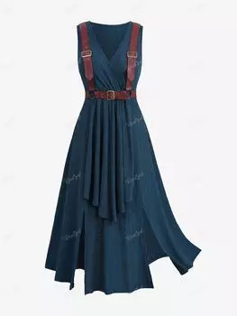 Rosegal Plus Size Surplice Текстурированное ребристое платье-трапеция с разрезом и однотонным поясом из искусственной кожи с пряжкой 2XL глубокий/зелёный