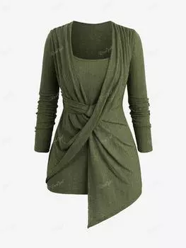 Rosegal Plus Size Twist Ruched Асимметричный ребристый текстурированный топ L глубокий/зелёный