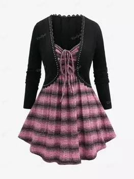 Rosegal Plus Size Укороченный свитер с фактурной фактурой, присборенный, в полоску, с отделкой кружевом и заклепками (Регулируемый плечевой ремень) L светло-розовый