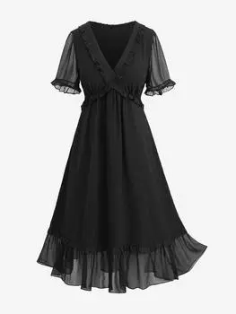 Rosegal Прозрачное платье больших размеров с оборками и кружевной отделкой 2XL чёрный