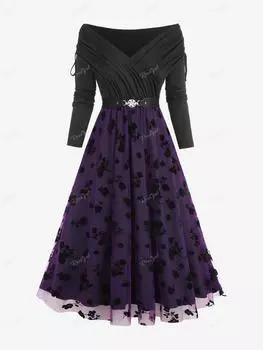 Rosegal Винтажное платье 1950-х годов с длинными рукавами и многослойной сеткой из флокированной сетки с пряжкой и цветочным принтом Rosegal размера плюс 3XL фиолетовый