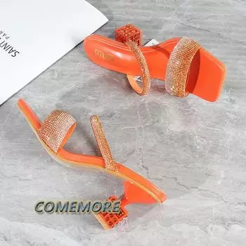 Роскошь для женщин 2024 года, лето, новые тапочки на высоком каблуке с кристальным градиентом, дизайнерские модные женские сандалии на квадратном каблуке, большой размер 42 36 чёрный