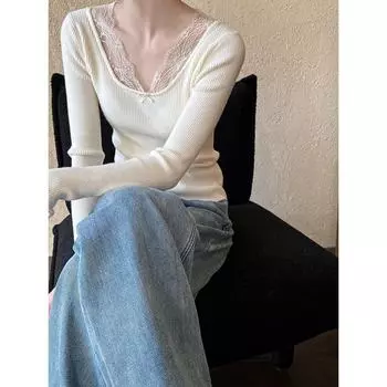 Роскошная элегантная кружевная строчка V-образный вырез искусственная двухсекционная трикотажная женская рубашка для похудения на осень и зиму (СС670) One Size чёрный