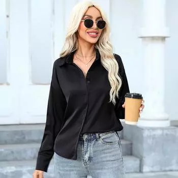 Роскошная атласная блузка женская рубашка с длинным рукавом черная элегантная модная черная верхняя рубашка для отдыха дышащая рубашка для женщин S чёрный