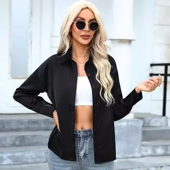 Роскошная атласная блузка женская рубашка с длинным рукавом черная элегантная модная черная верхняя рубашка для отдыха дышащая рубашка для женщин S чёрный