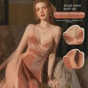 Роскошная бархатная ночная рубашка с высоким разрезом, накладкой на груди и тонкими бретельками M (80-100 jin)