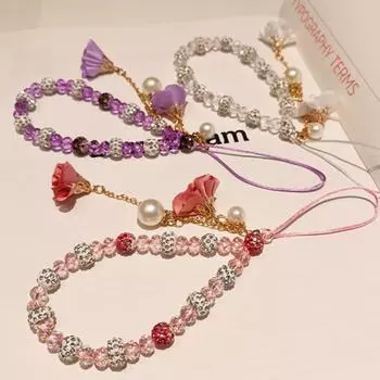 Роскошная цветочная цепочка, ремешок для мобильного телефона, ремешок на запястье, женская ручная цепочка, короткий чехол для мобильного телефона с защитой от потери, милый ремешок для ключей, ручка розовый