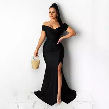 Роскошная длинная юбка, сексуальное платье, одежда для свадебной вечеринки, платье с V-образным вырезом, длинная юбка с большим разрезом XXL чёрный