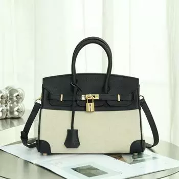 Роскошная холщовая женская сумка через плечо Кожаная женская сумка Повседневная контрастная сумка в стиле пэчворк Большая вместимость на одно плечо 25cm бездна