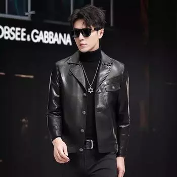 Роскошная кожаная куртка мужская, первый слой, замшевая, кожаная куртка, тонкая, красивая, короткая, модная, мотоциклетная куртка L/170 чёрный